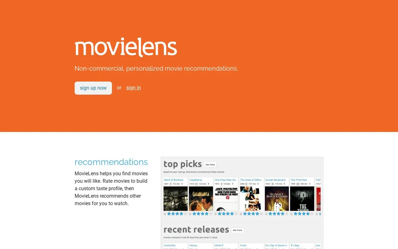 MovieLens homepage screenshot