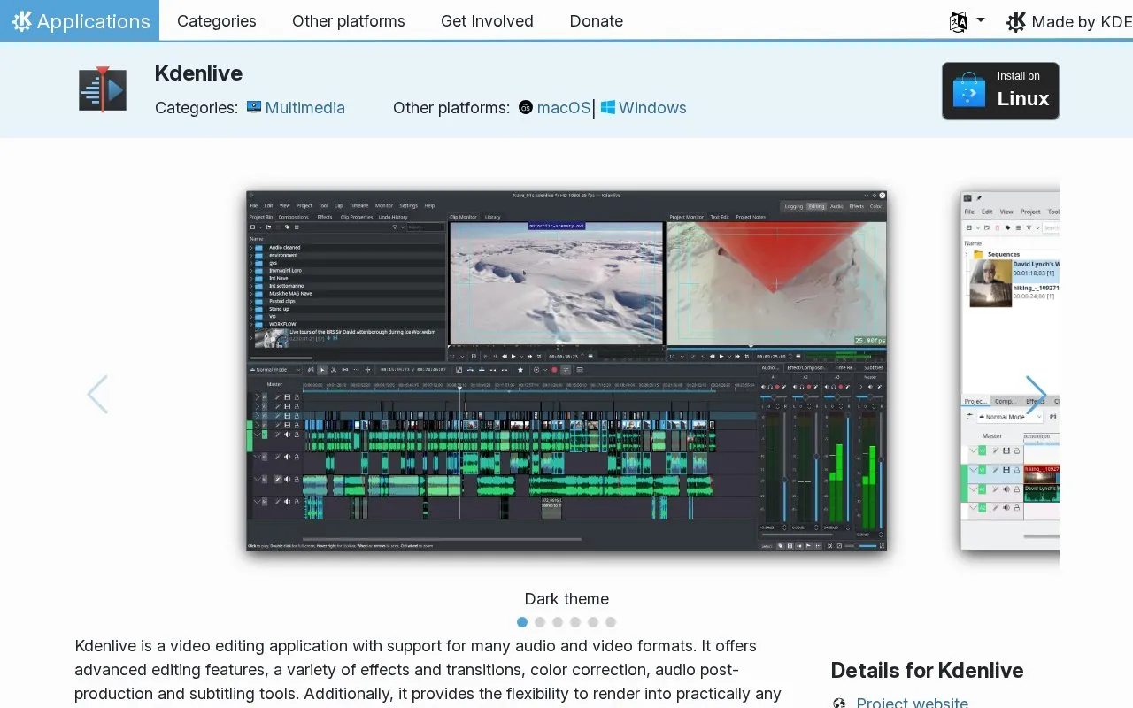 Kdenlive homepage screenshot