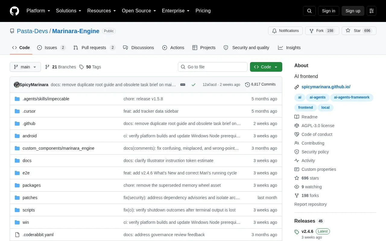 Marinara Engine homepage screenshot