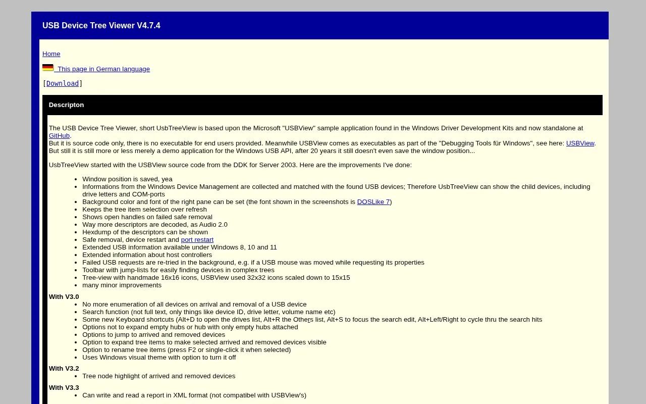 USBTreeView homepage screenshot