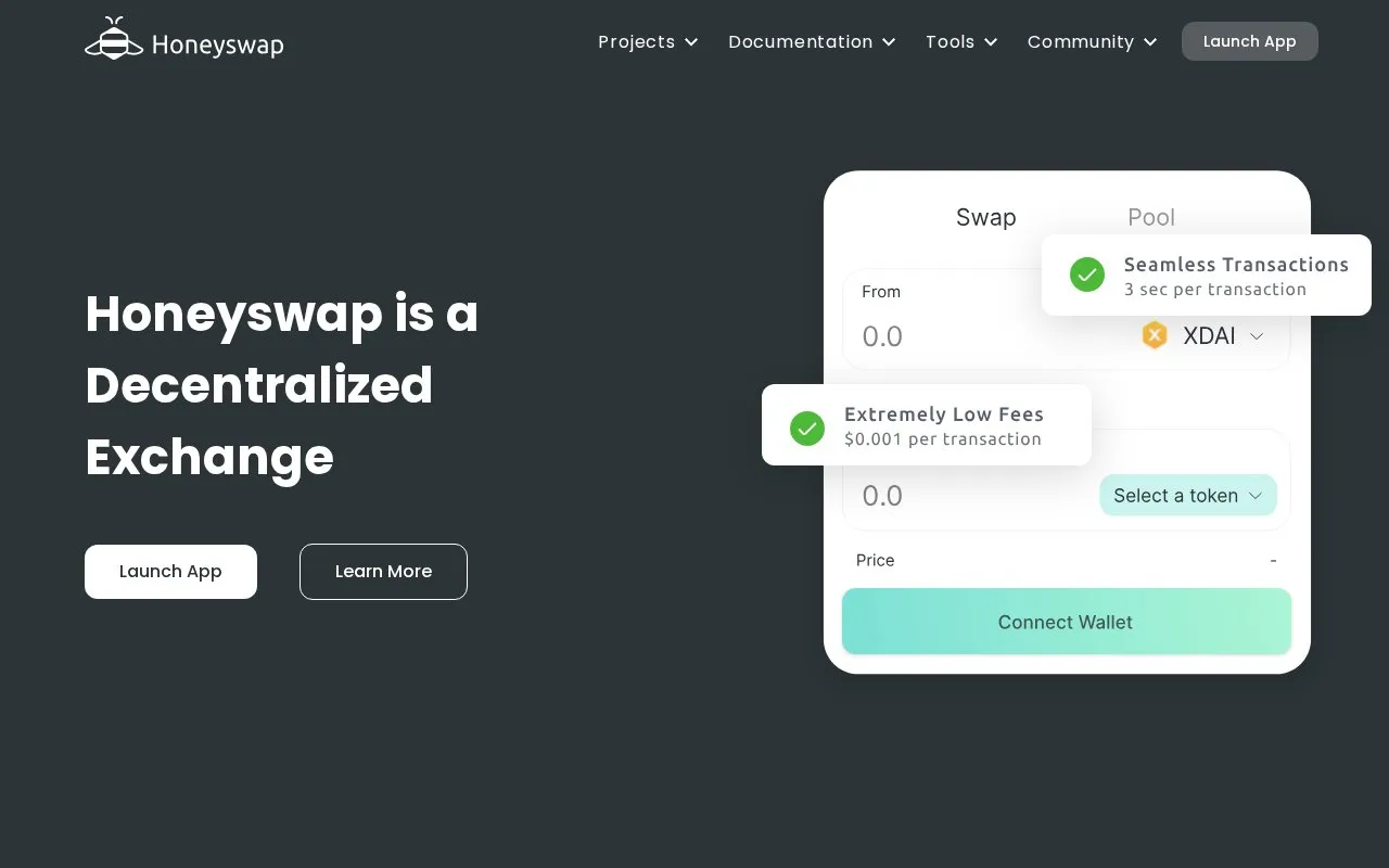 Honeyswap homepage screenshot