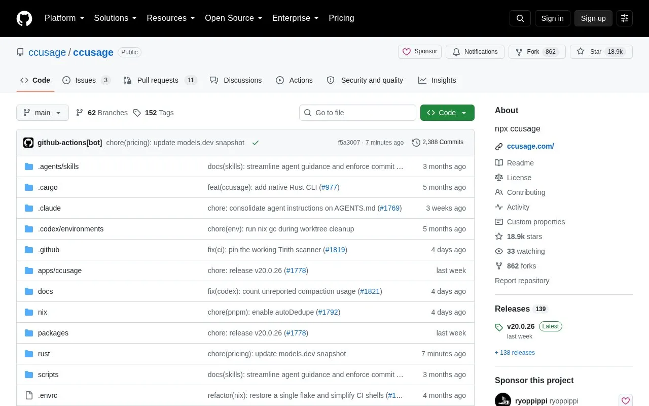 Ccusage homepage screenshot