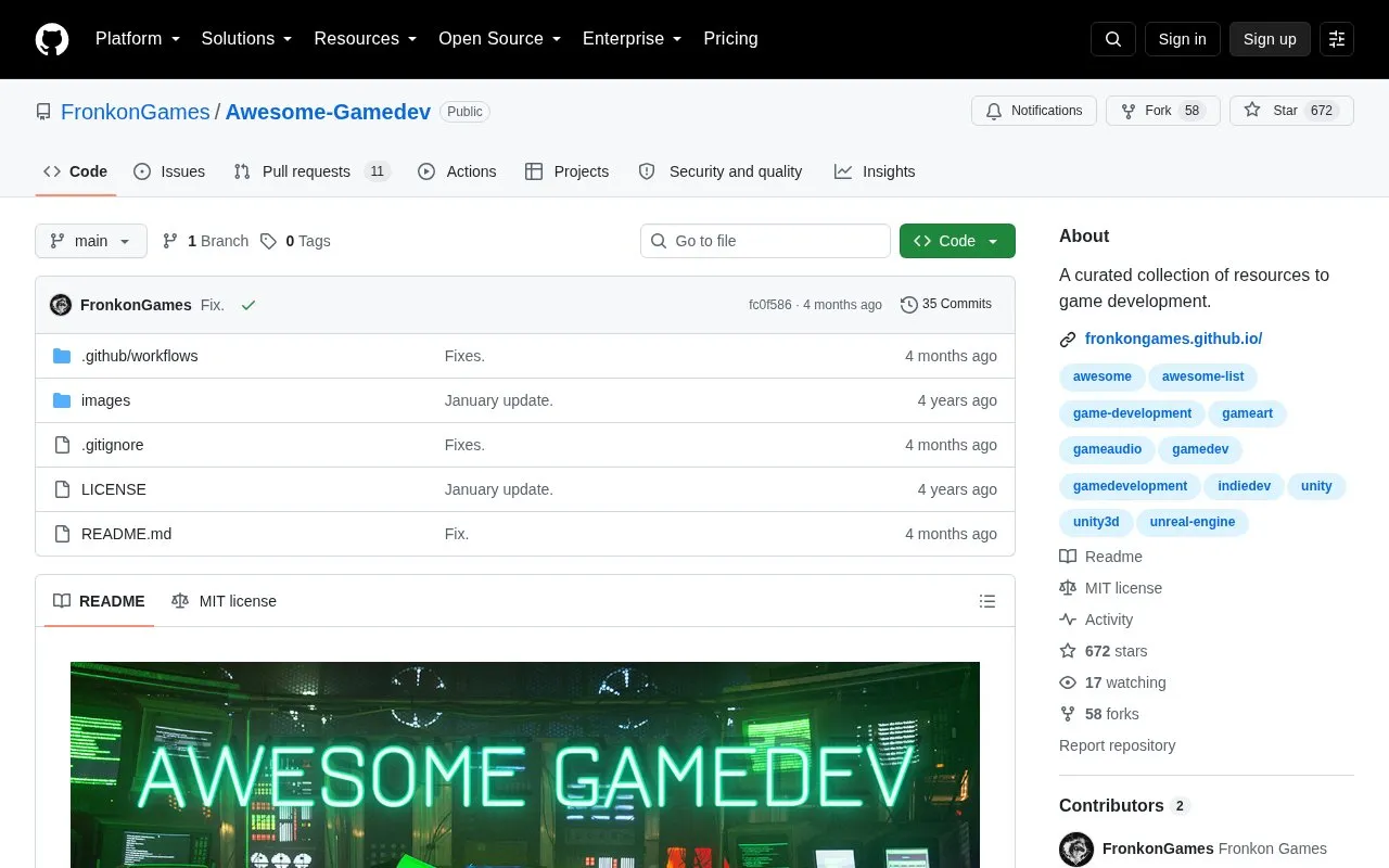 Awesome-Gamedev homepage screenshot