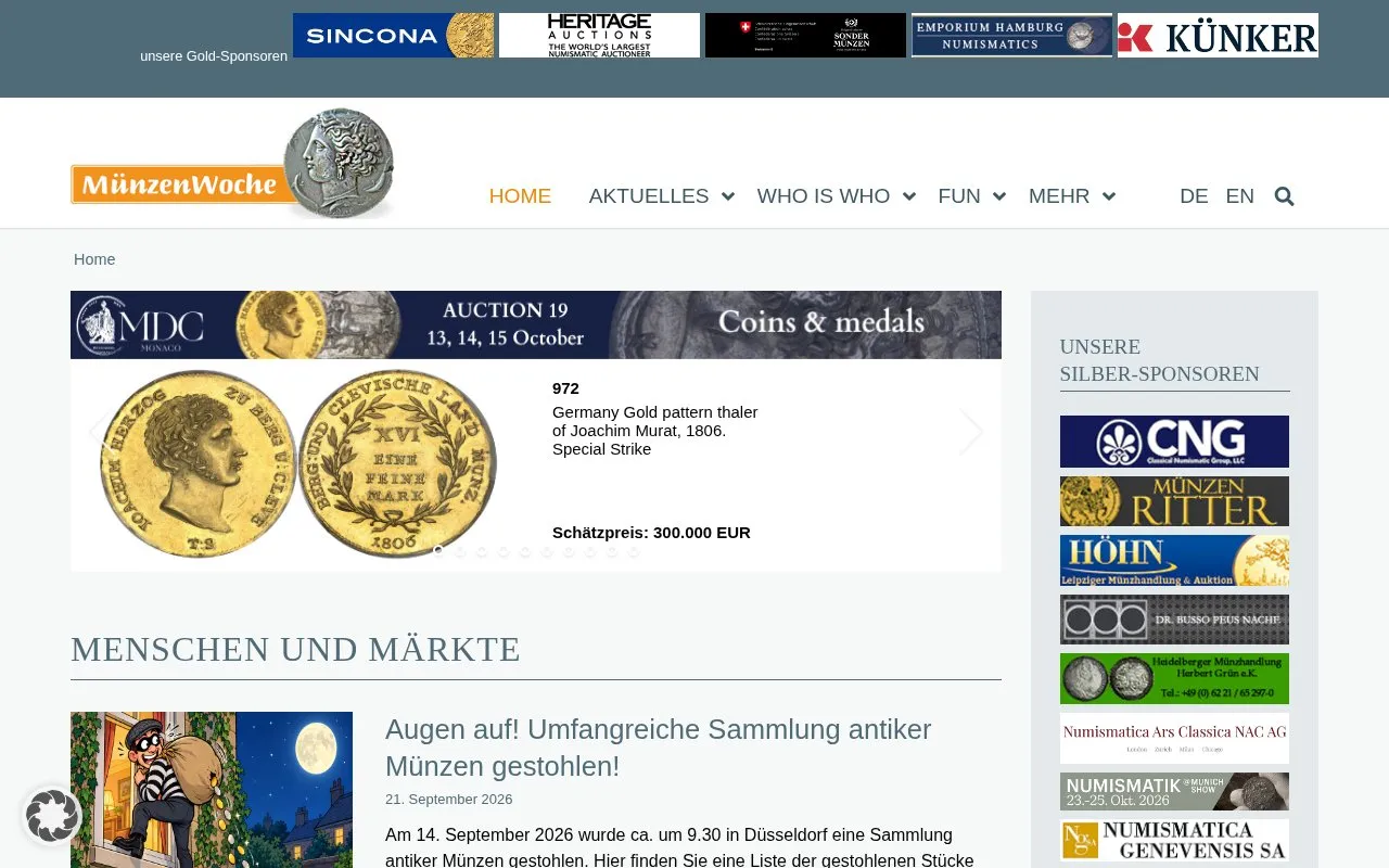 Münzenwoche CoinsWeekly homepage screenshot