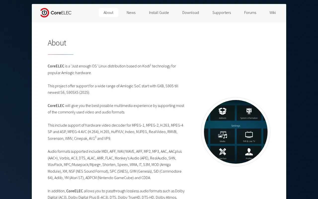 CoreELEC homepage screenshot