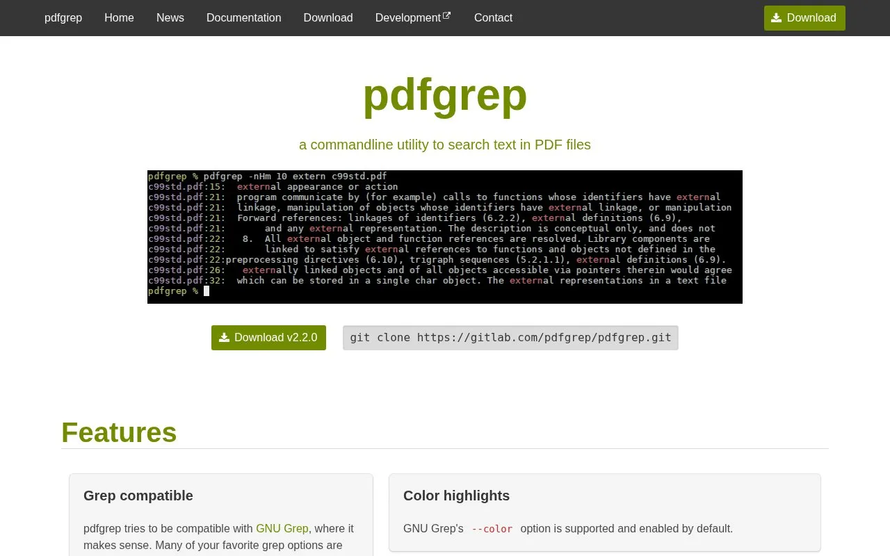 PDFGrep homepage screenshot