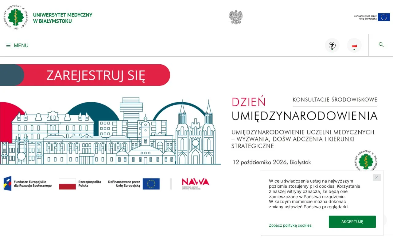 Medical University of Bialystok homepage screenshot