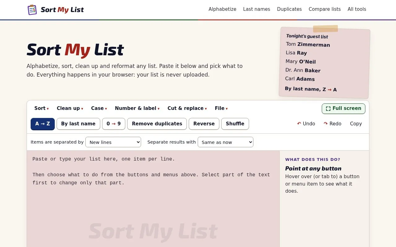 SortMyList homepage screenshot