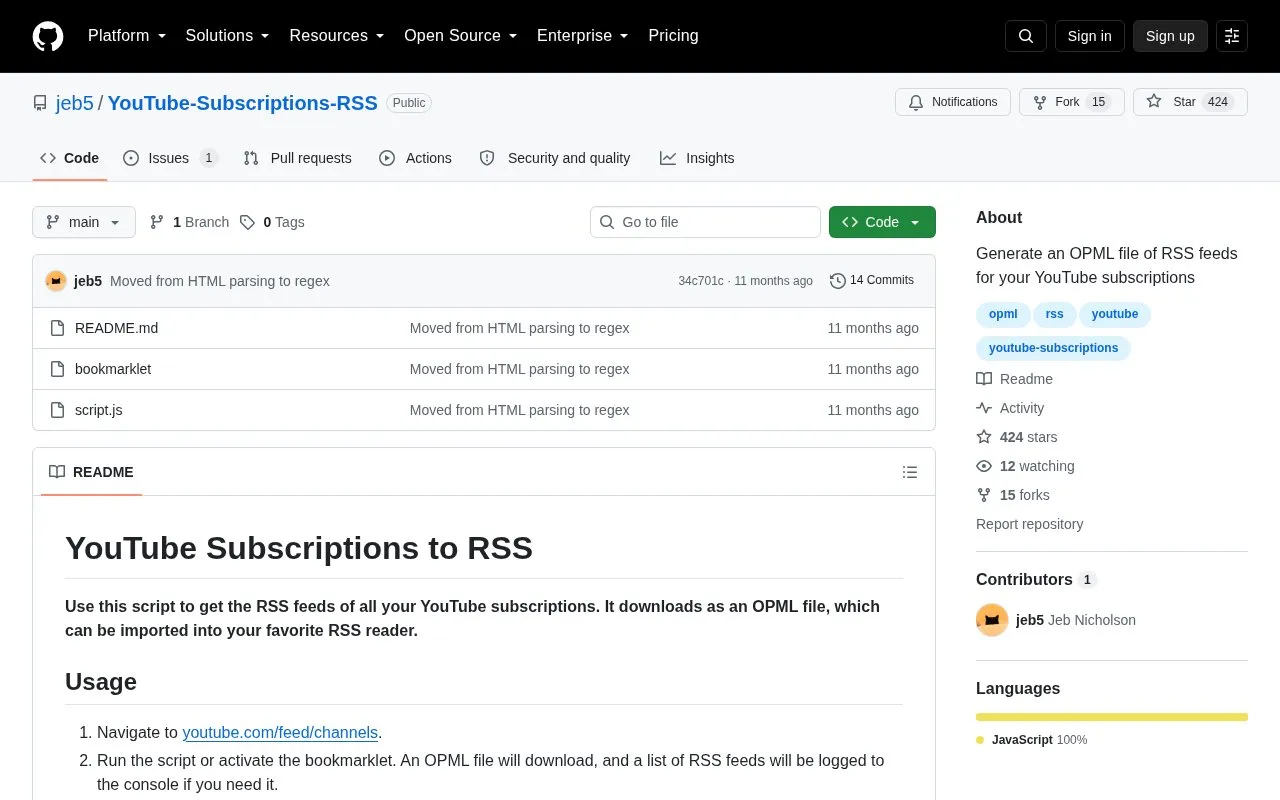YouTube-Subscriptions-RSS homepage screenshot