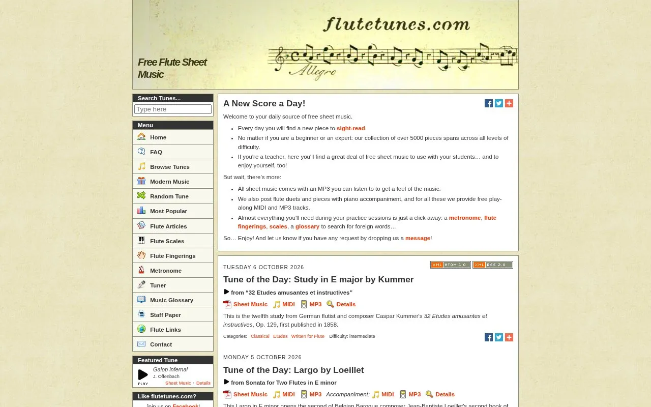 flutetunes homepage screenshot