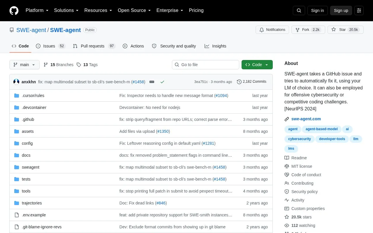 SWE Agent homepage screenshot