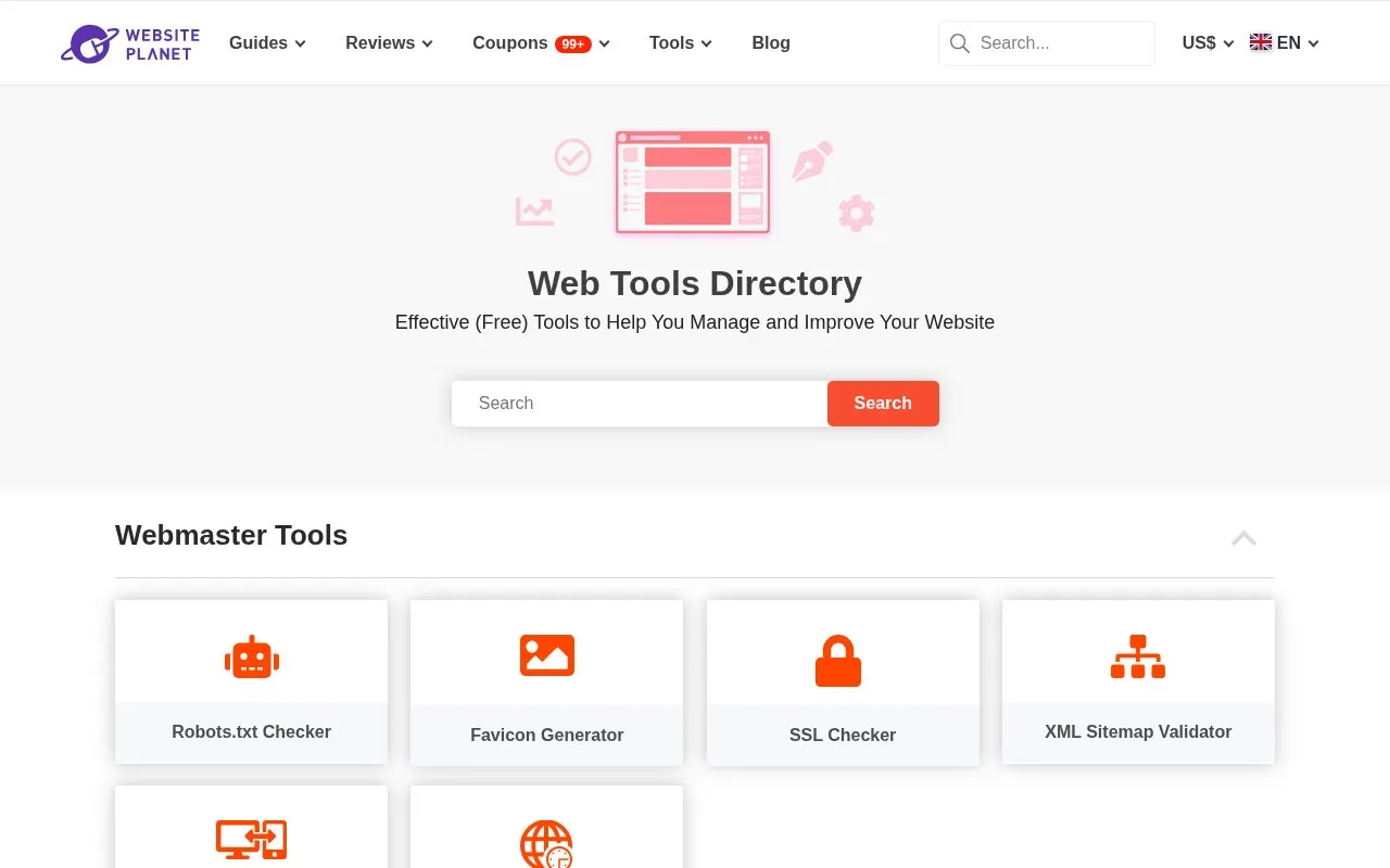 Website Planet Tools homepage screenshot