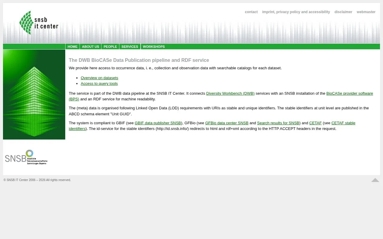 DWB BioCASe Data Publication pipeline and RDF service homepage screenshot