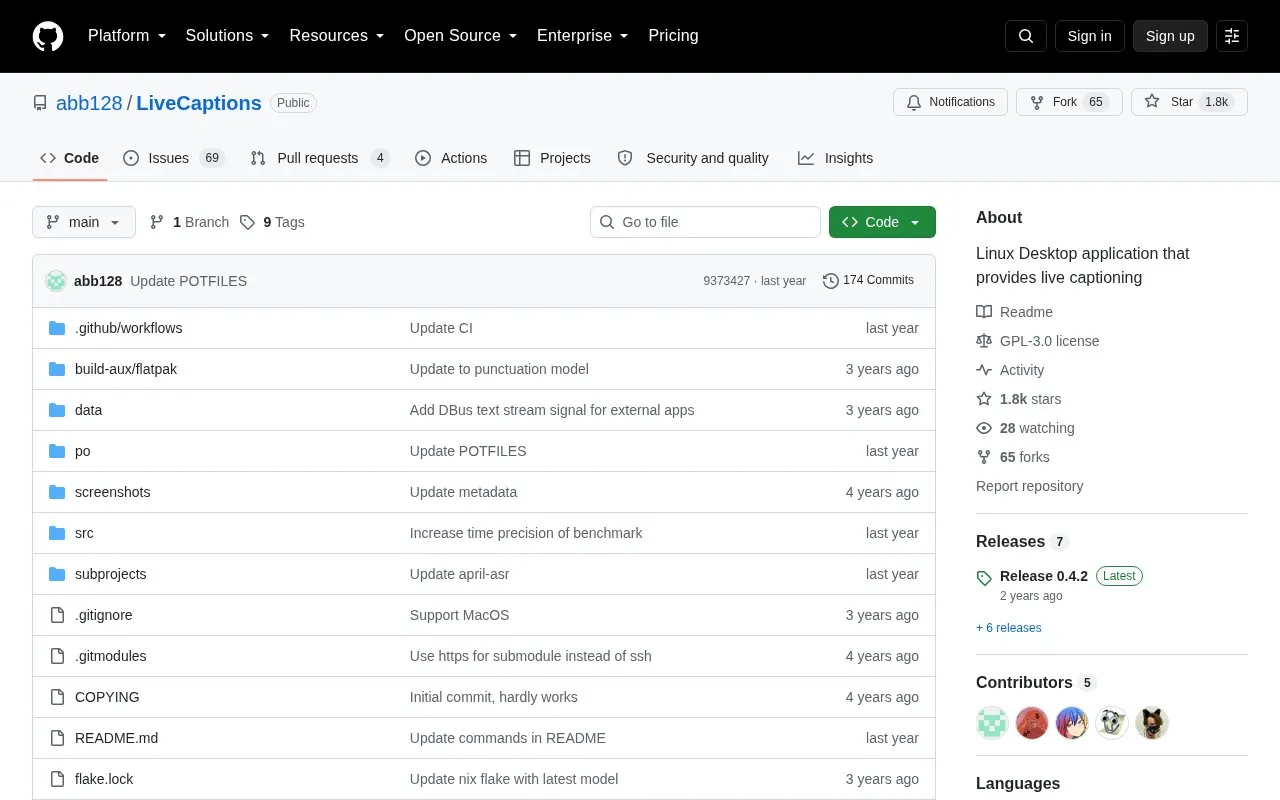 LiveCaptions homepage screenshot