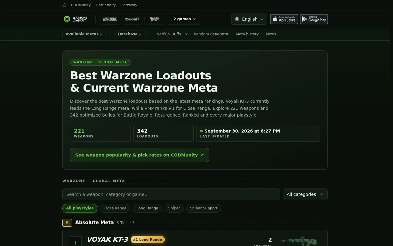 Warzone Loadout homepage screenshot
