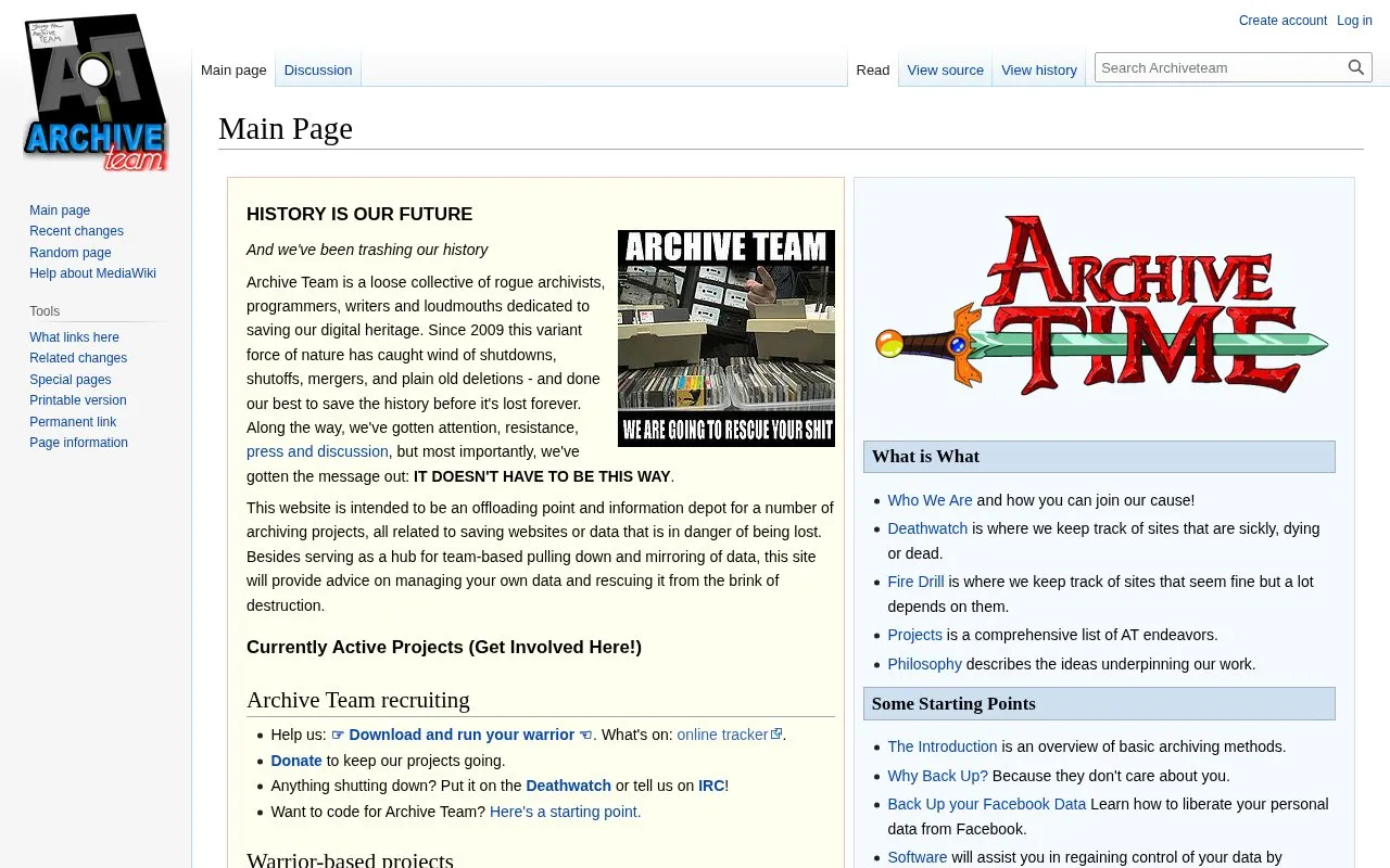 ArchiveTeam homepage screenshot