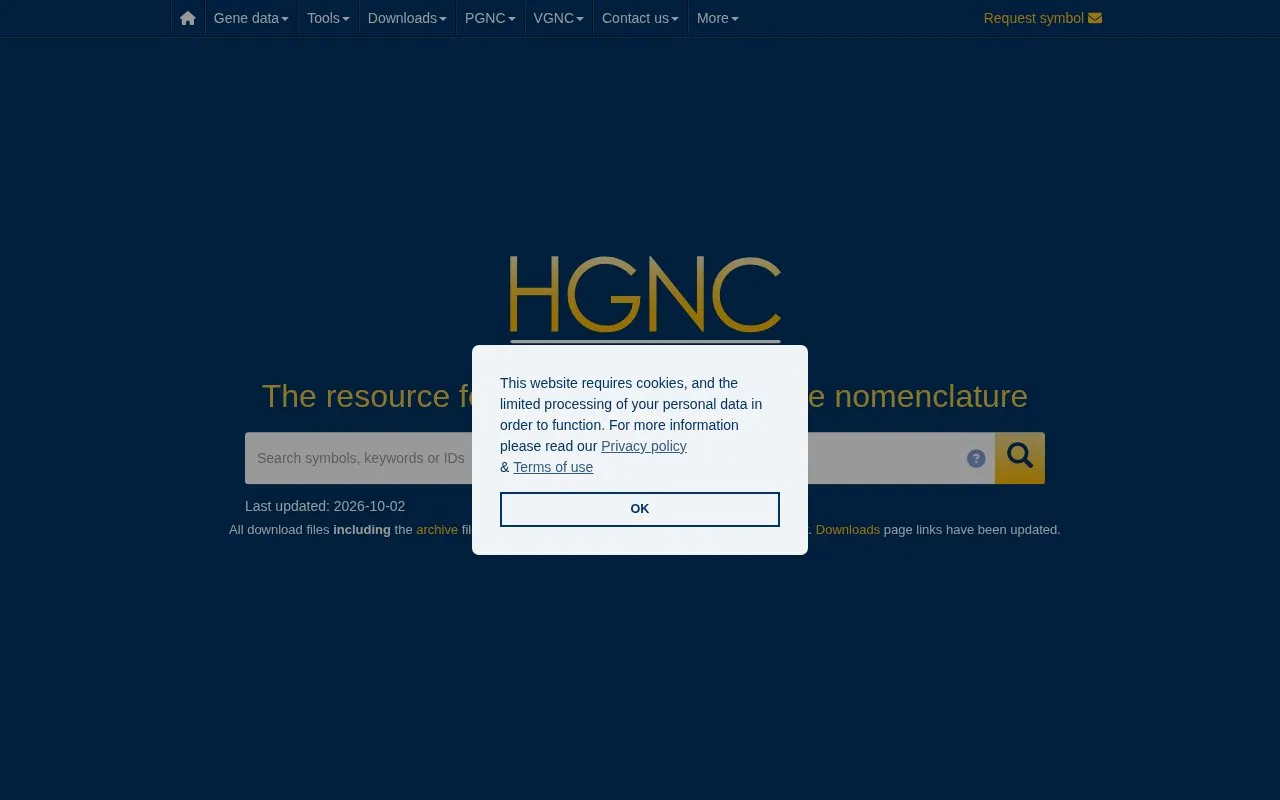 HUGO Gene Nomenclature Committee homepage screenshot