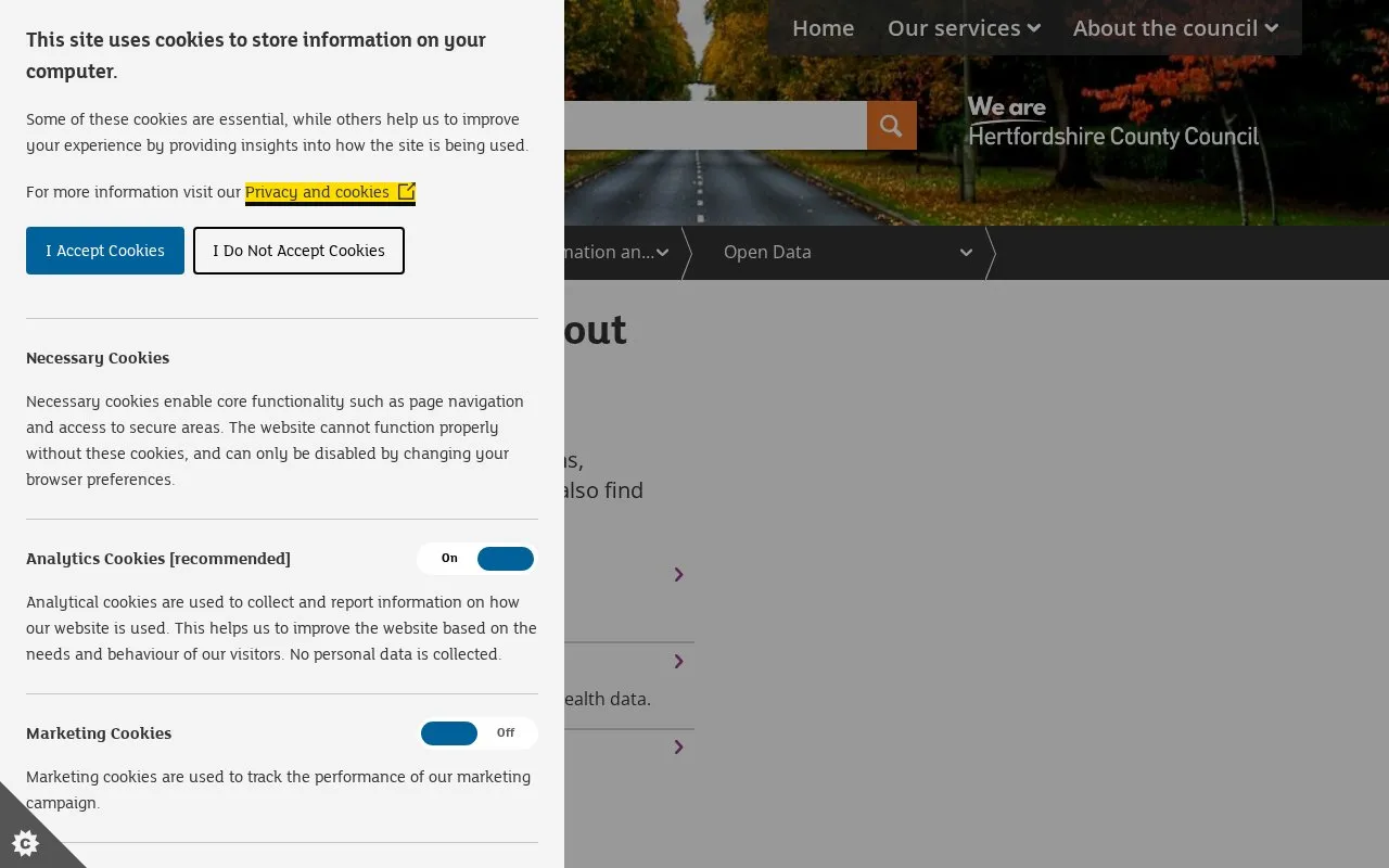 Open data portal of Hertfordshire County Council homepage screenshot