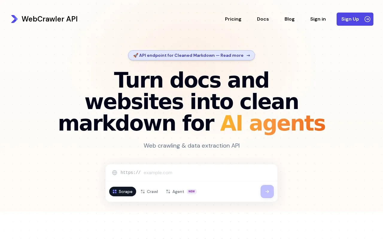 Webcrawler API homepage screenshot