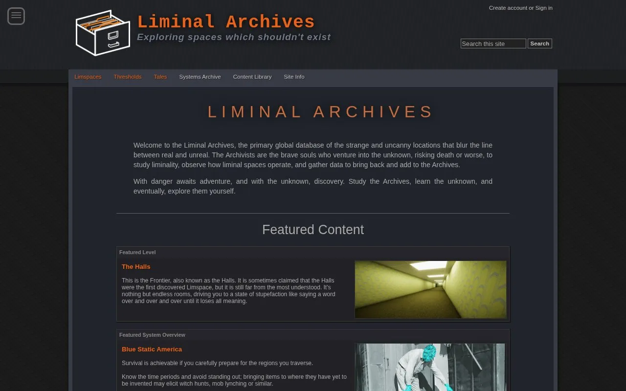 Liminal Archives homepage screenshot