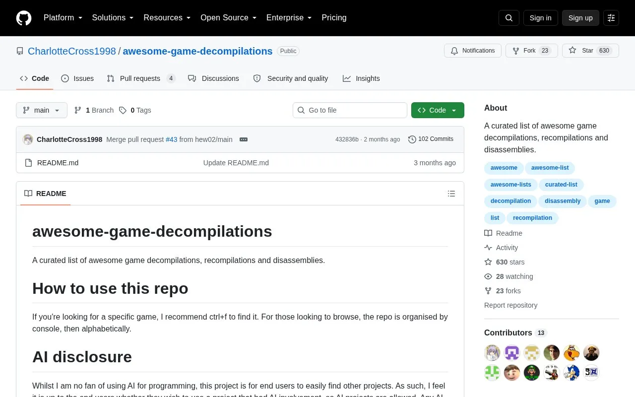 Awesome Game Decompilations homepage screenshot