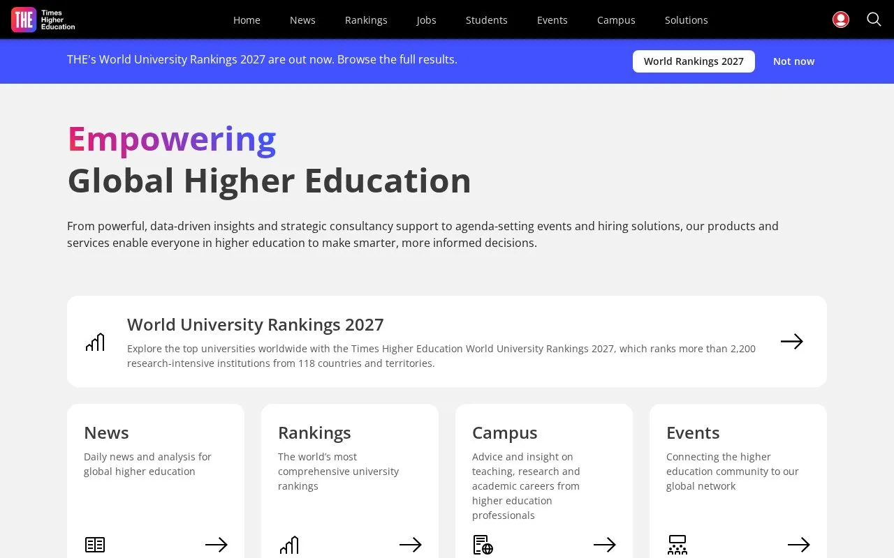 Times Higher Education homepage screenshot