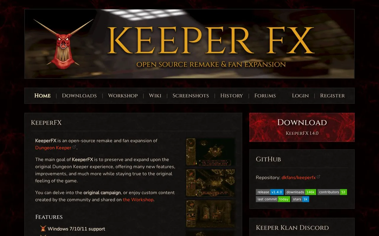 KeeperFX homepage screenshot
