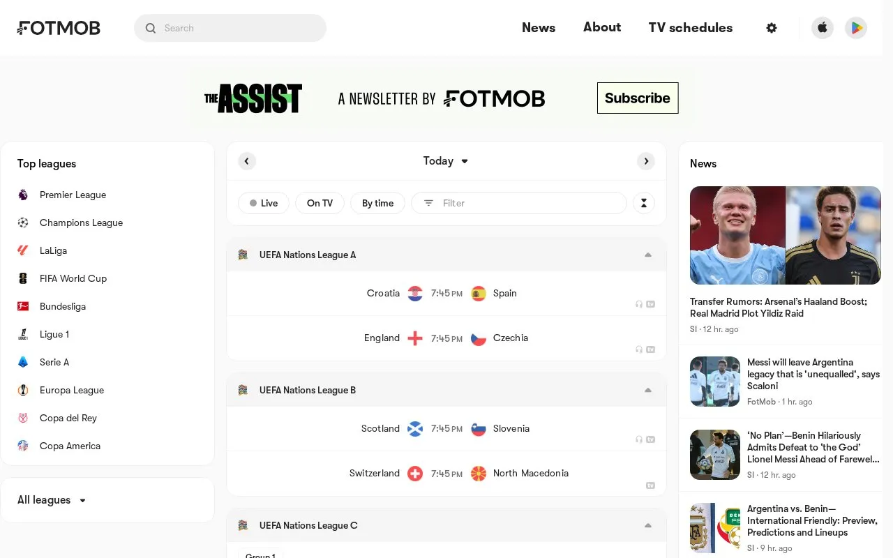 FotMob homepage screenshot