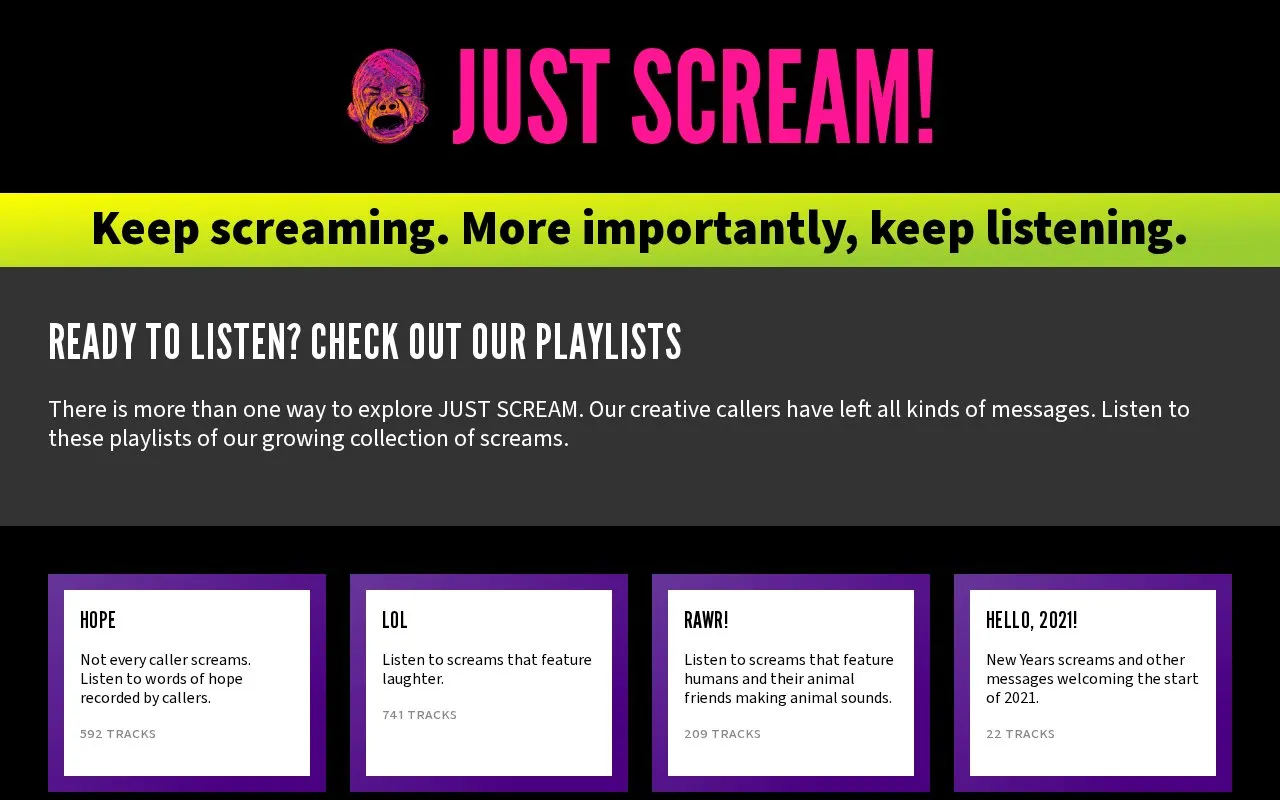 JUST SCREAM! homepage screenshot