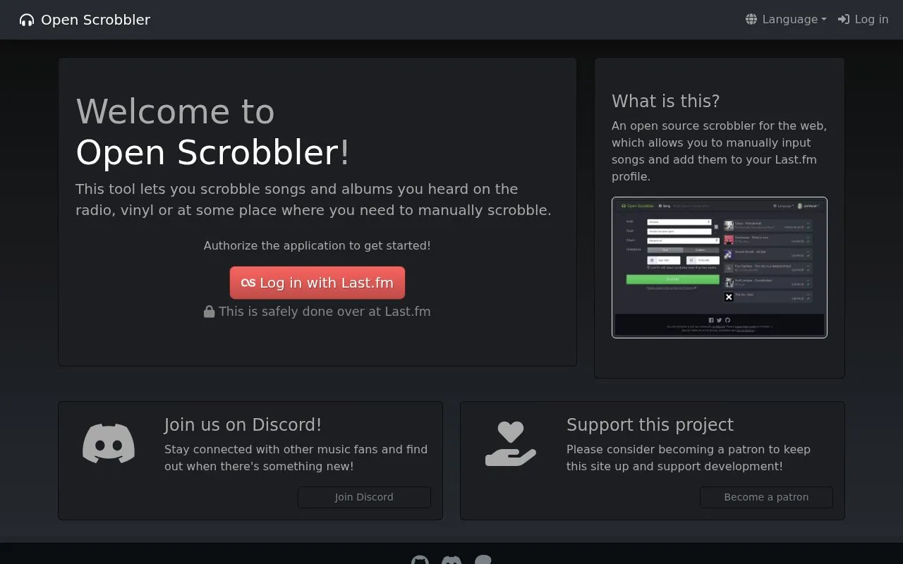 OpenScrobbler homepage screenshot