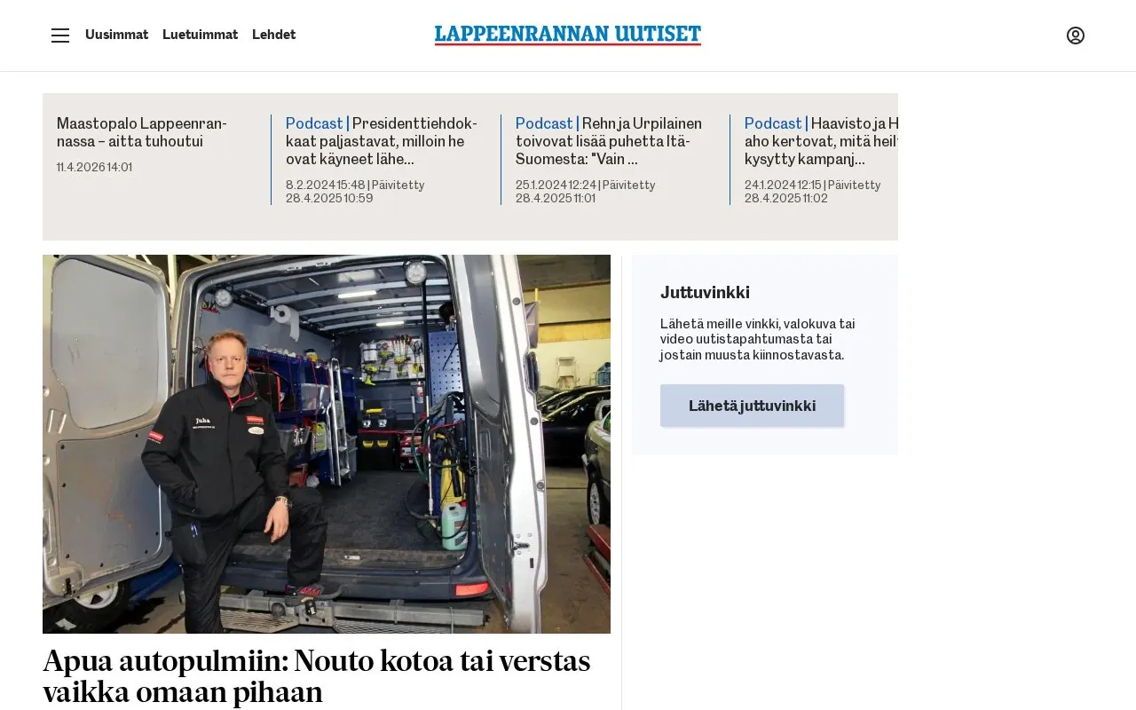 Lappeenrannan Uutiset homepage screenshot