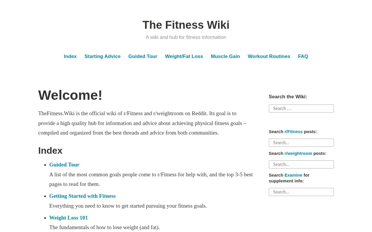 The Fitness Wiki homepage screenshot