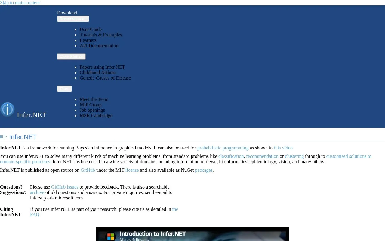 Infer.NET homepage screenshot