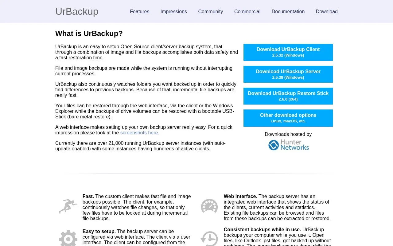 UrBackup homepage screenshot