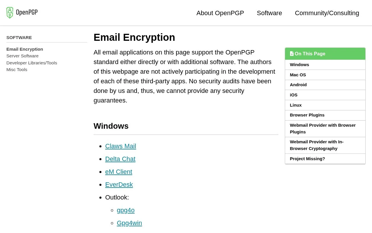 OpenPGP Email Encryption homepage screenshot
