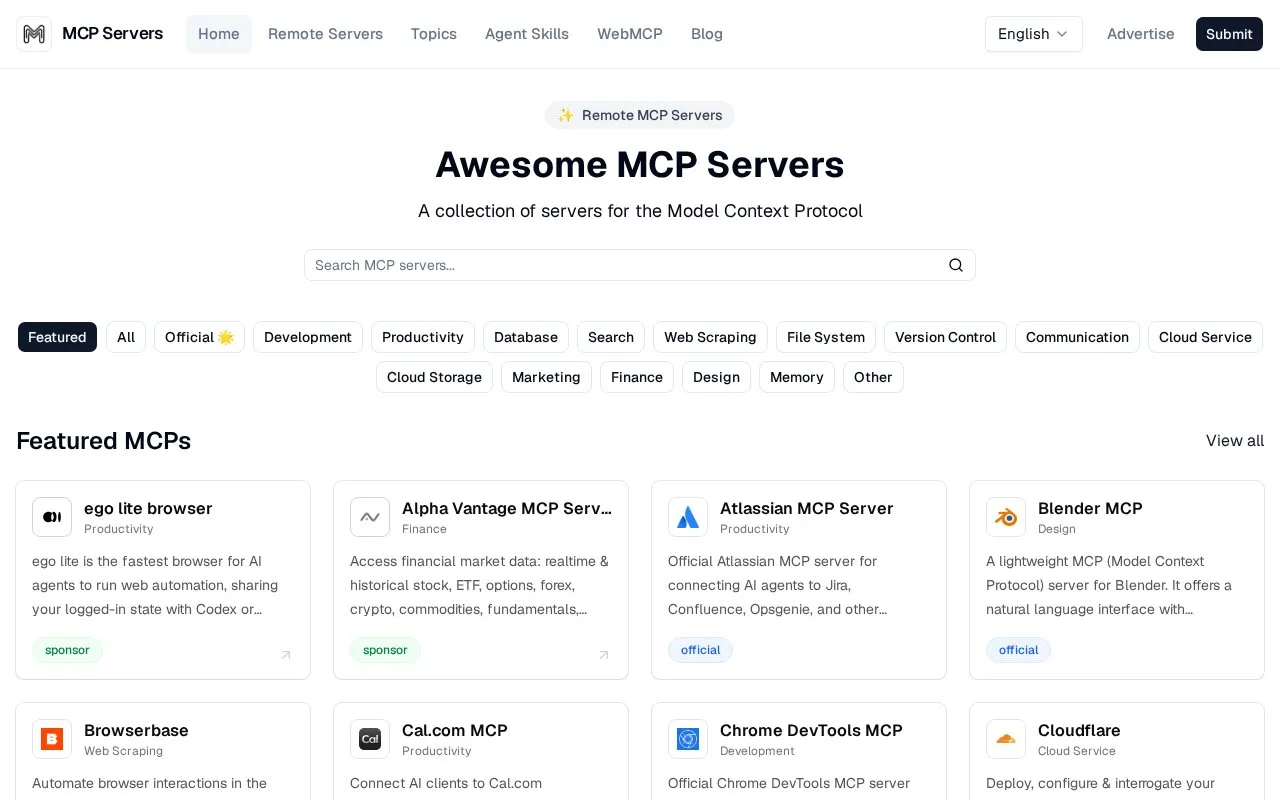 Awesome MCP Servers homepage screenshot