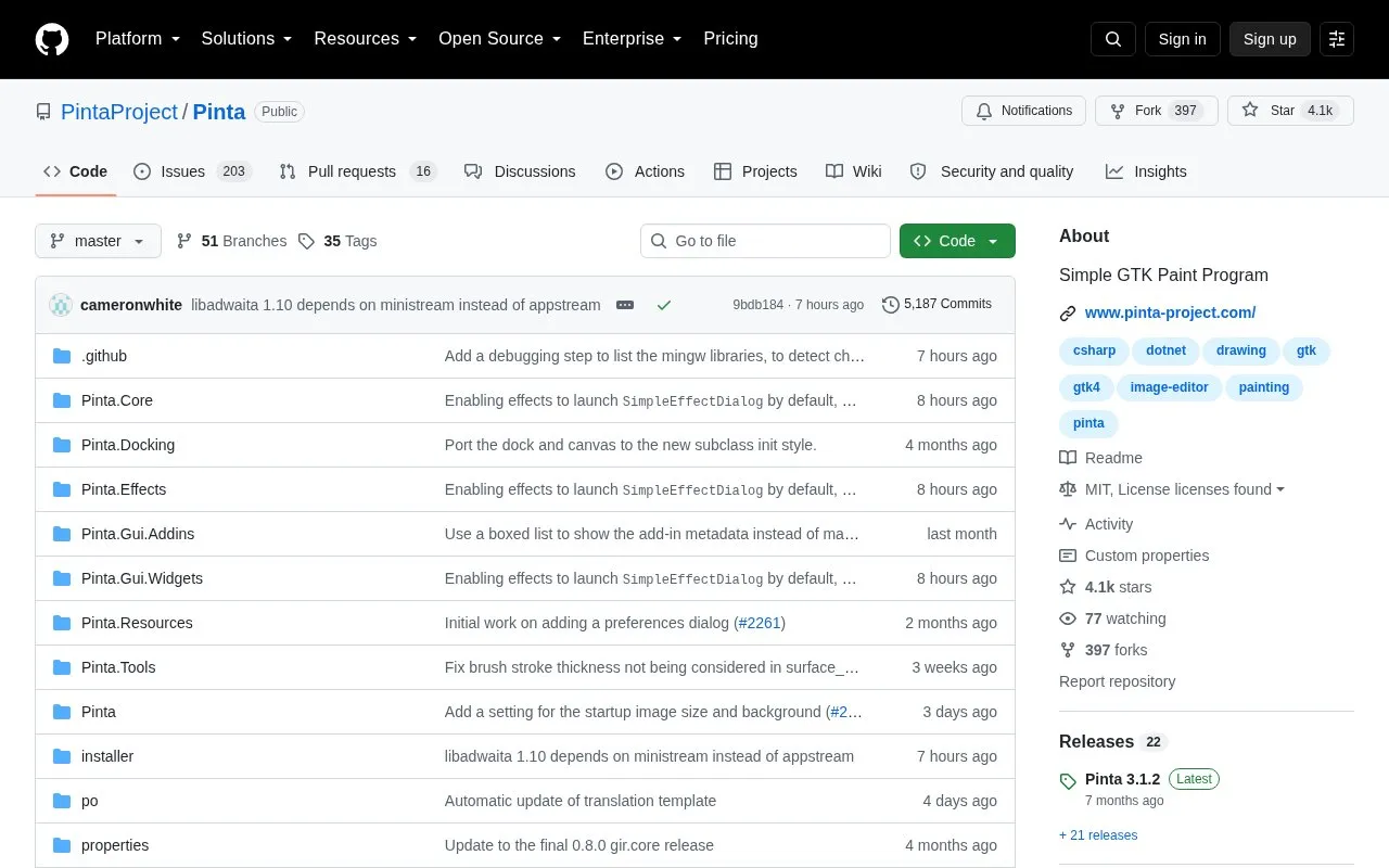 Pinta homepage screenshot