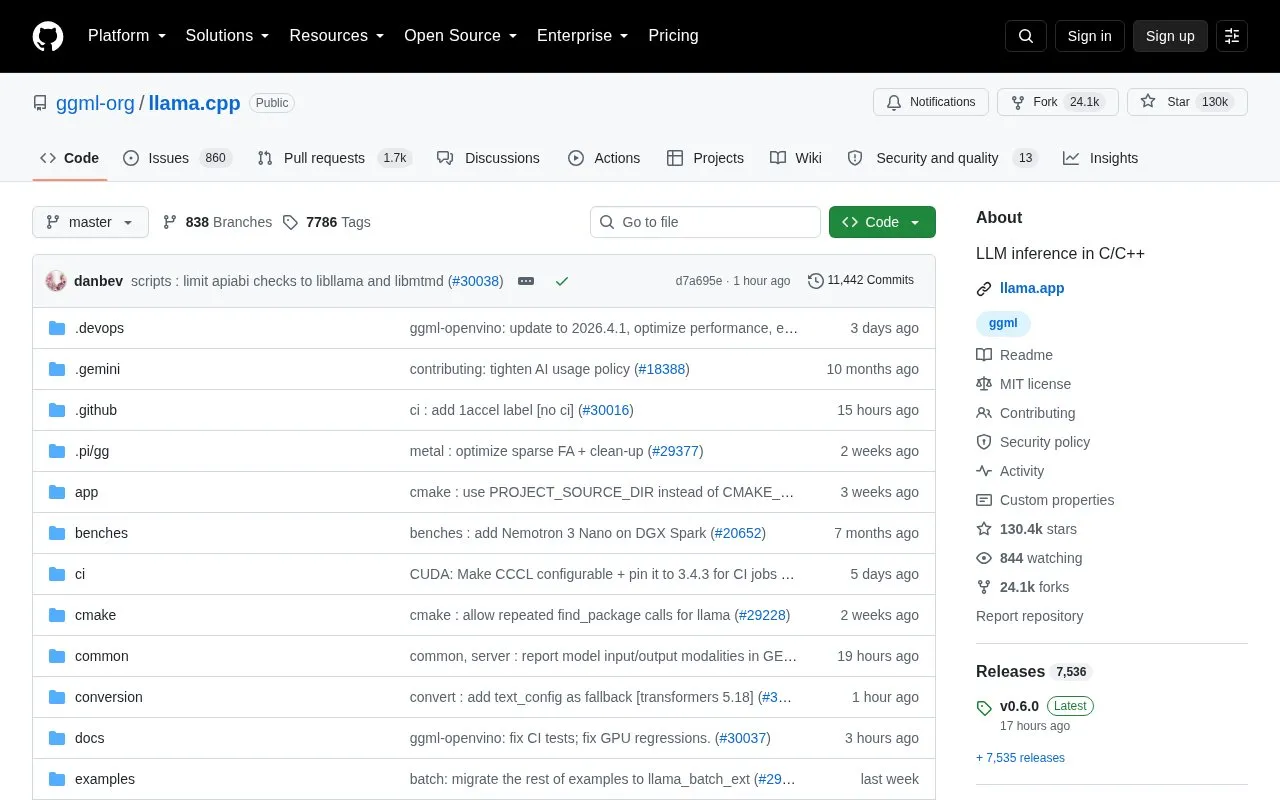 Llama.cpp homepage screenshot