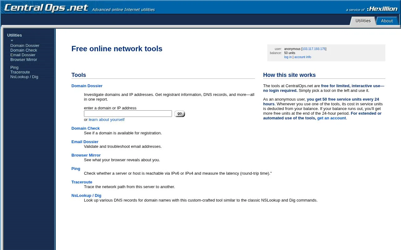 Free online network tools homepage screenshot