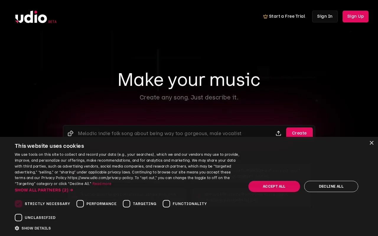 Udio homepage screenshot