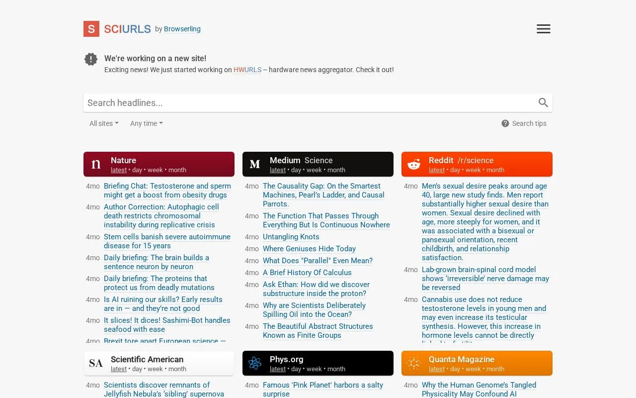 SciURLs homepage screenshot
