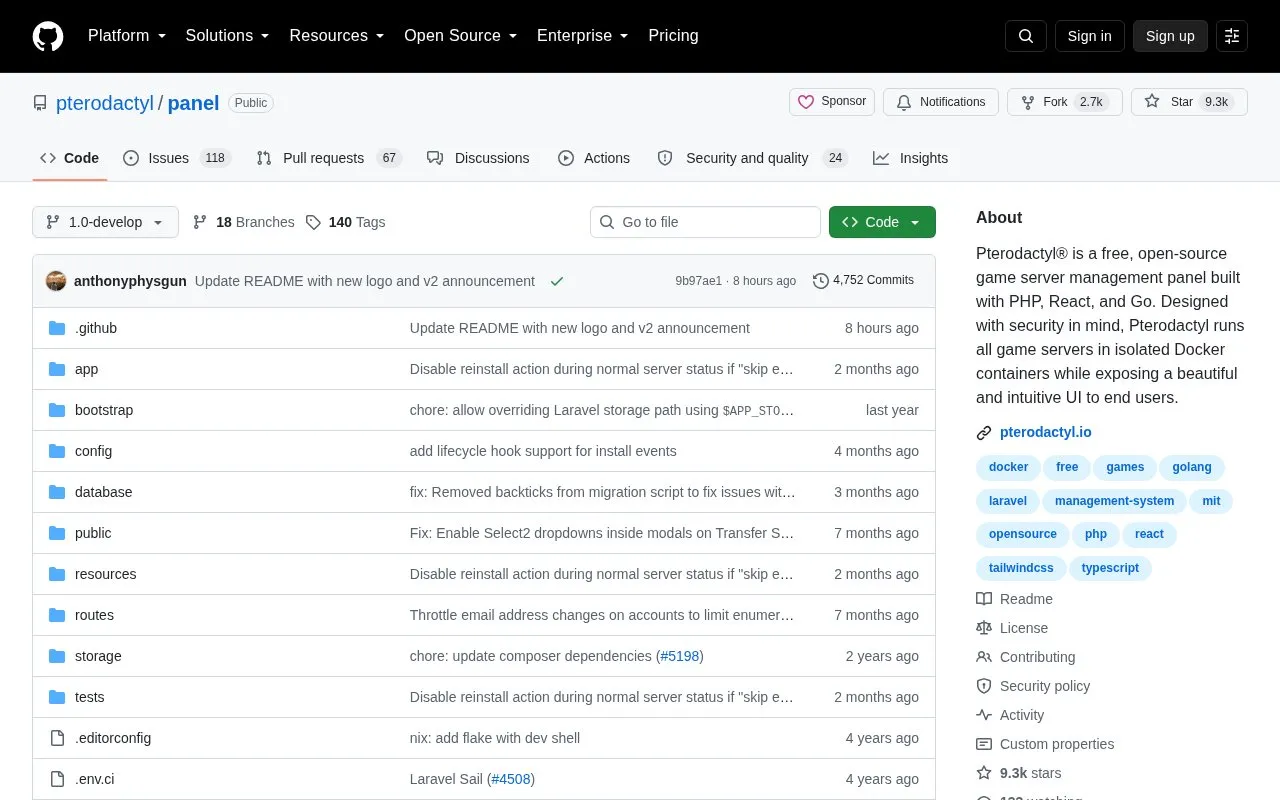 Pterodactyl homepage screenshot