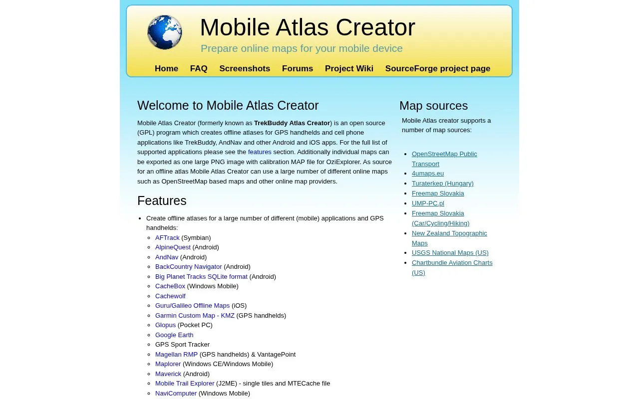 Mobac homepage screenshot