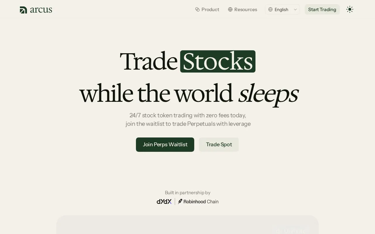 Arcus Perps homepage screenshot