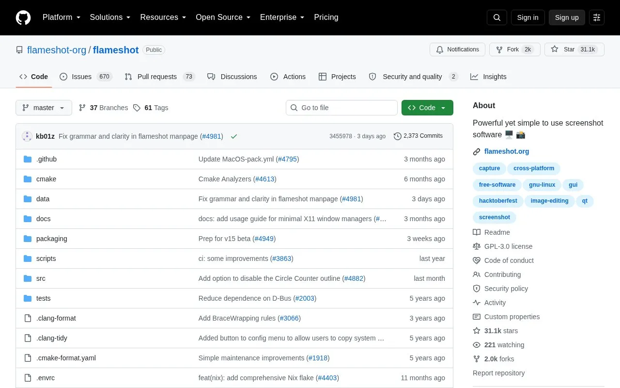 Flameshot homepage screenshot