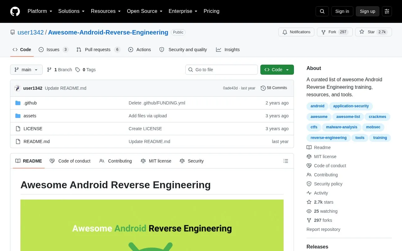 Awesome Android Reverse Engineering homepage screenshot