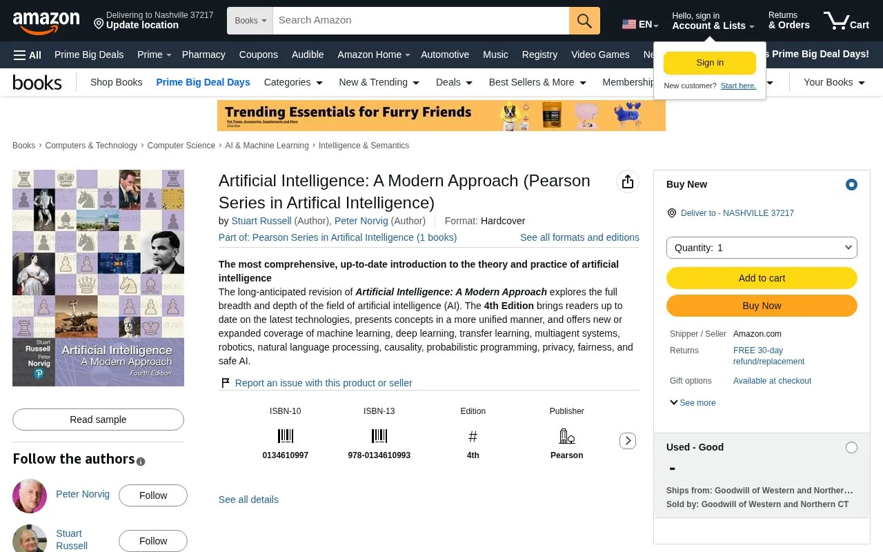 Artificial Intelligence: A Modern Approach by Stuart Russell and Peter Norvig homepage screenshot