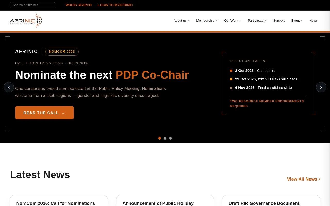 AFRINIC homepage screenshot