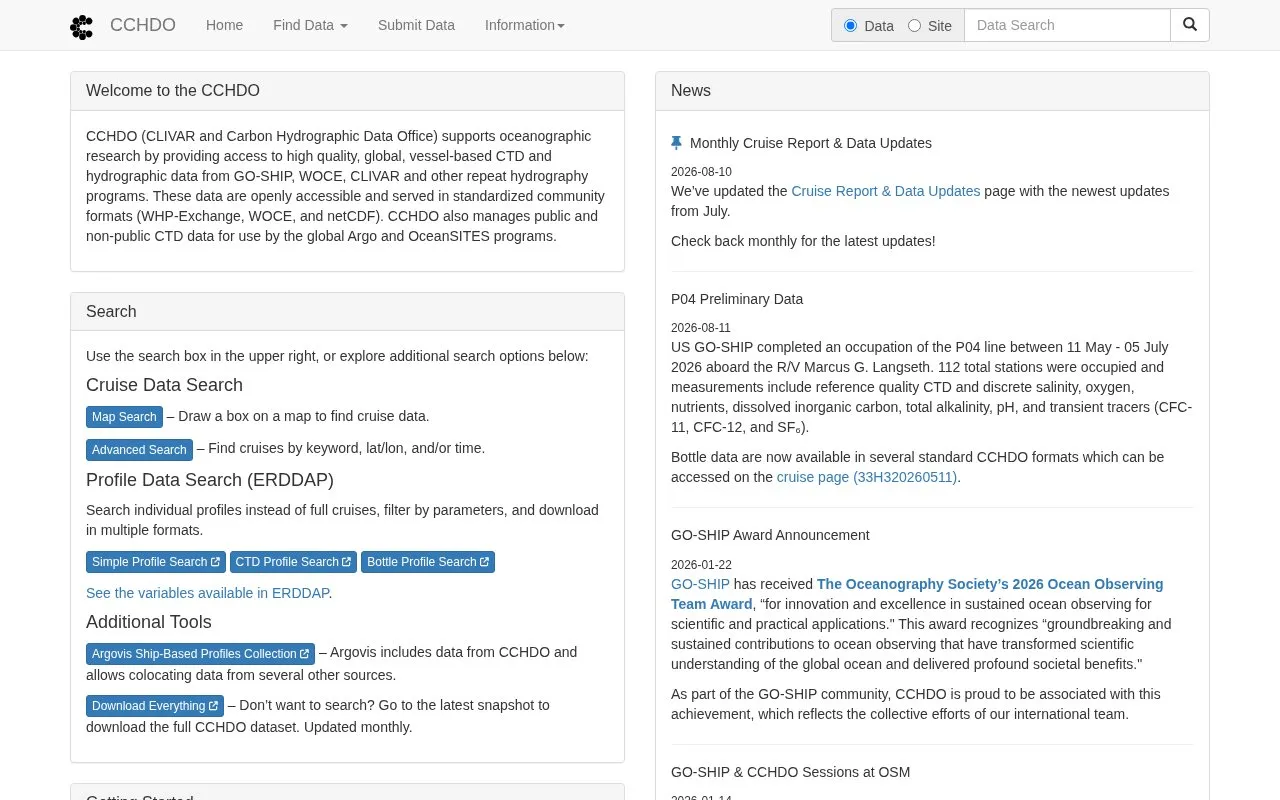 CCHDO homepage screenshot