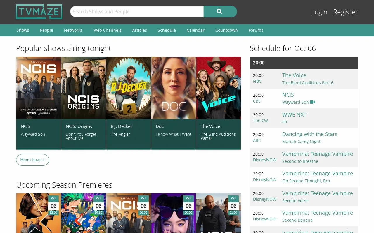 TVMaze homepage screenshot